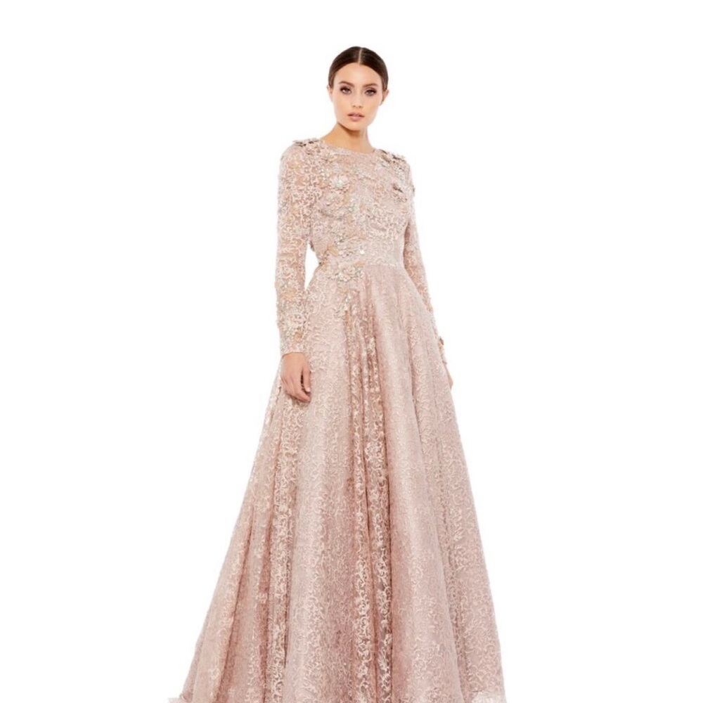 Mac Duggal Rose Blush Embroidered Long Sleeve Gown size 14 color mocha